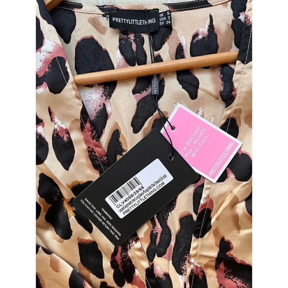 NWT PRETTYLITTLETHING Leopard Asymmetric Hem Long Sleeve Plunge Satin Maxi Dress